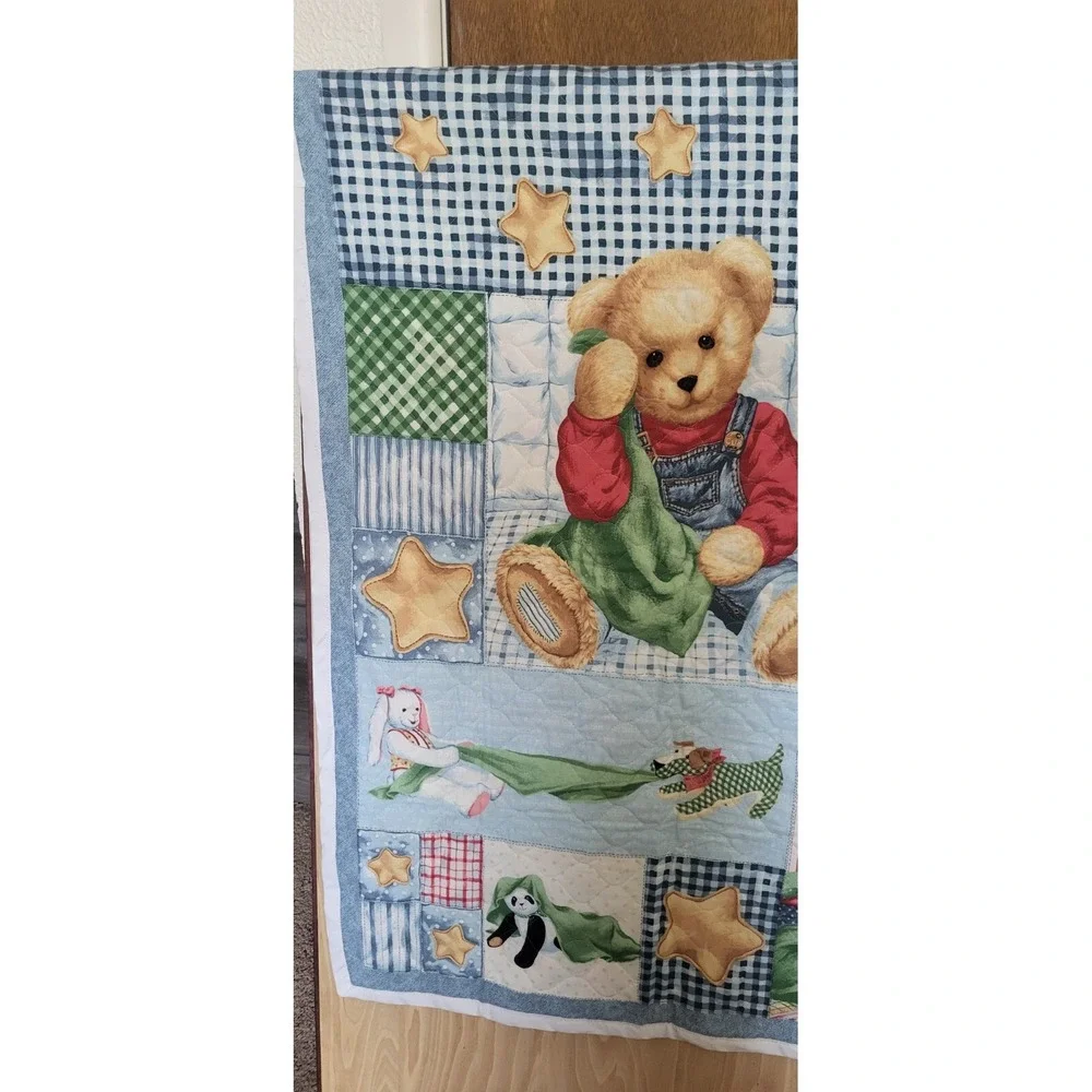 Vintage Teddy Bear Patchwork Quilted Baby Blanket Blue Gingham‎ Stars 34x44
